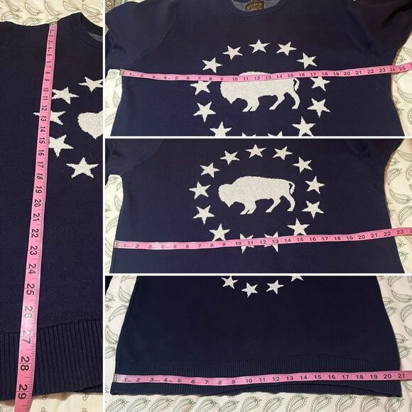 Lucky Brand Blue Cream Novelty Crew Sweater Buffalo Stars Americana Design XL - Picture 11 of 11